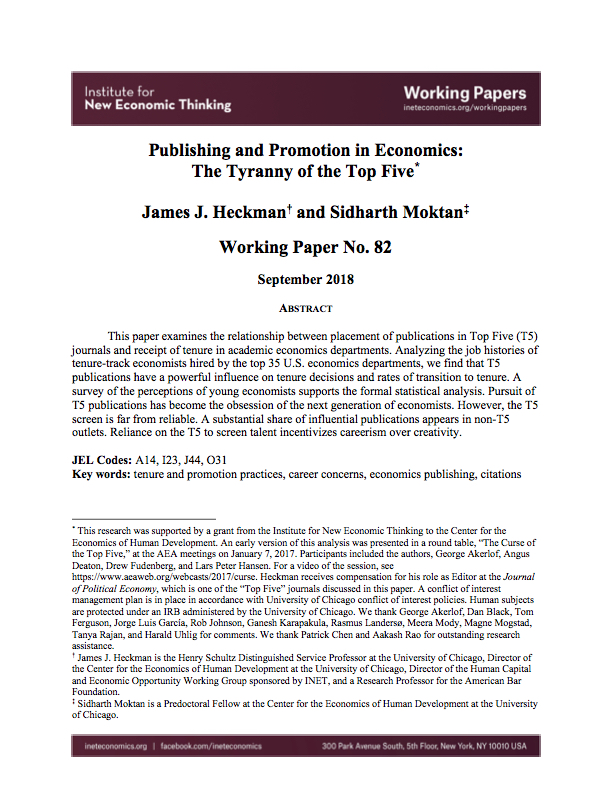 Screenshot of working paper reads "Publishing and Promotion in Economics: The Tyranny of the Top Five/James J. Heckman and Sdharth Moktan."