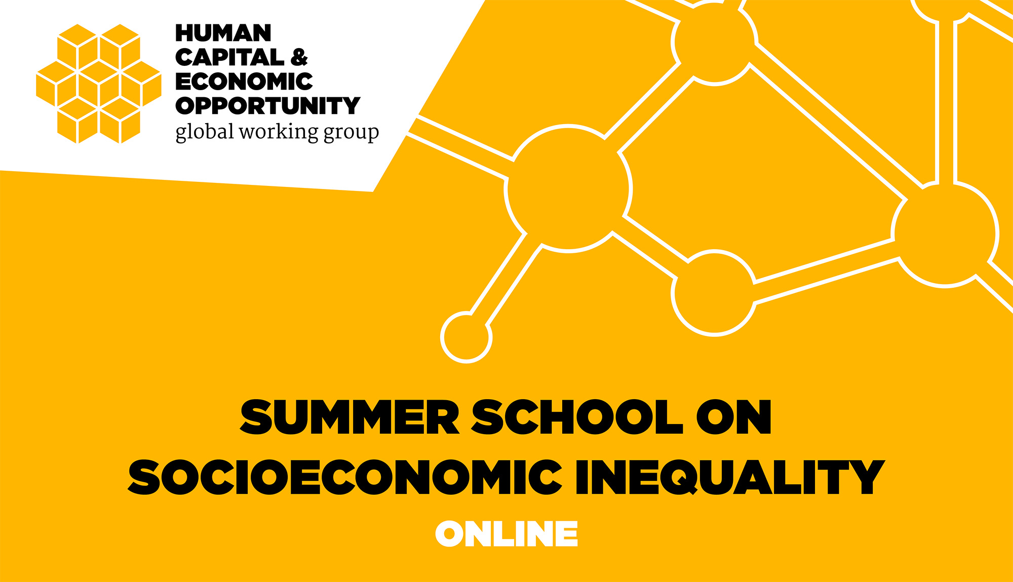 Graphic reads "Summer School on Socioeconomic Inequality Online" with white outline of molecular structure in upper right corner with yellow background.